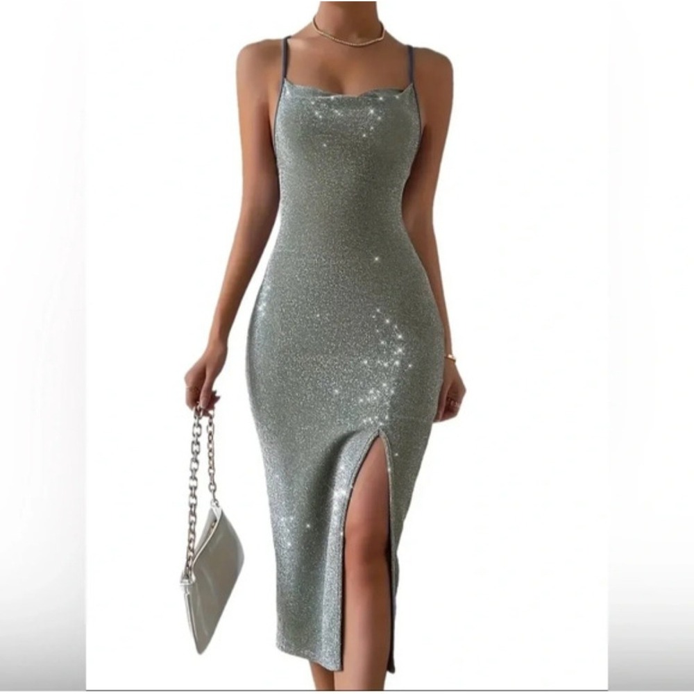 Silver Metallic Shimmer Cowl Neck Midi Dress‎ Womens 14 Side Slit Sexy Party